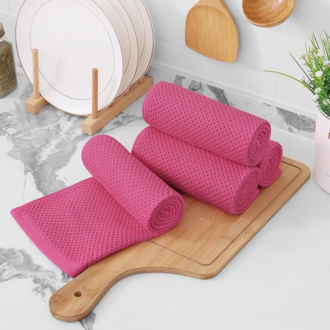 Kitinjoy 100% Cotton Waffle 12-Pack Kitchen Towels, 13" x 28", Hot Pink | Super Soft, Ultra-Absorbent, Fast Drying, lightweight, Quick Drying Kitchen Hand Towels