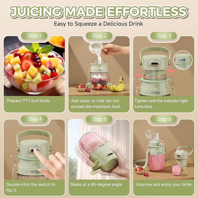 Portable Blender, Prasky Personal Blenders for Shakes and Smoothies with 27oz Cup, Lid and Shoulder Strap, Type-C USB Rechargeable, Personal Size Blenders BPA-free for Travel/Kitchen (Light Green）