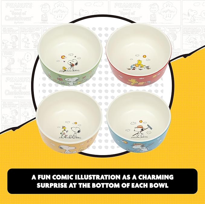 Peanuts Snoopy 6-Piece Stackable 5.5-Inch Decorated Stoneware Bowl Set With Matching Plate, Microwave & Dishwasher Safe, Collectible Kitchen Dinnerware