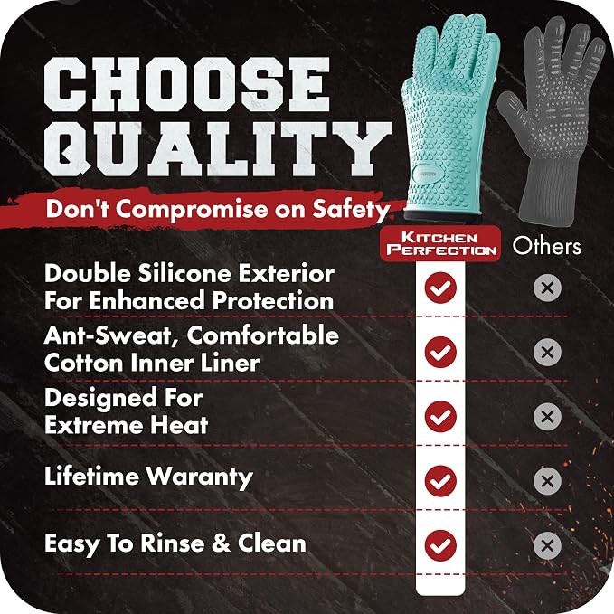 KITCHEN PERFECTION Silicone Smoker BBQ Gloves - Heat Resistant Oven Mitts | Waterproof, 5-Finger Design For A Better Grip, for Pitmasters, Meat Smoking, Grilling, Cooking, Frying Turkey | Grill Gift