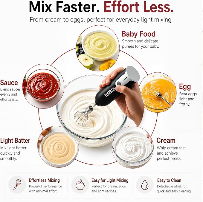 Electric Hand Mixer Whisk | Wireless Rechargeable Handheld Egg Beater with 2 Stainless Steel Mixing Heads | Portable Kitchen Hand Mixer for Egg, Milkshake Cream, Cake, Baking & Cooking-Black