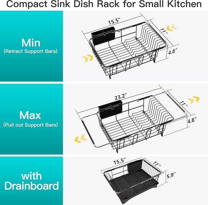 JASIWAY Black Dish Drying Rack in Sink with Drainboard and Utensil Holder | Use Over the Sink or Counter, Stainless Steel Expandable Dish Drainer for Small Kitchen, Space Saving, Fast Drain, Rustproof