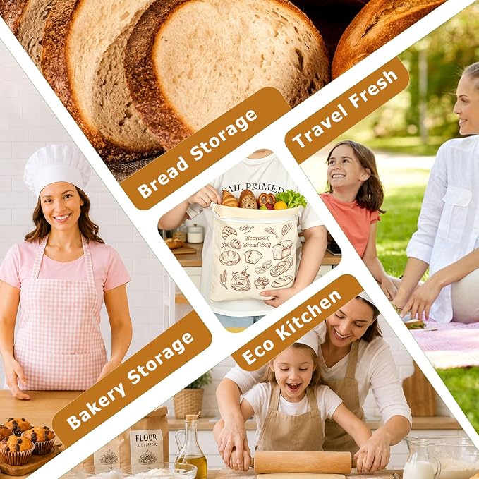 2 Pack Reusable Cotton Sourdough Beeswax Bread Bags with Wide Zipper, Beige | XL(13.3x16.9in) Portable Bread Storage with Handle, Washable, Keep Fresh, Fit Homemade Sourdough Bread, Ideal for Gift-Giving