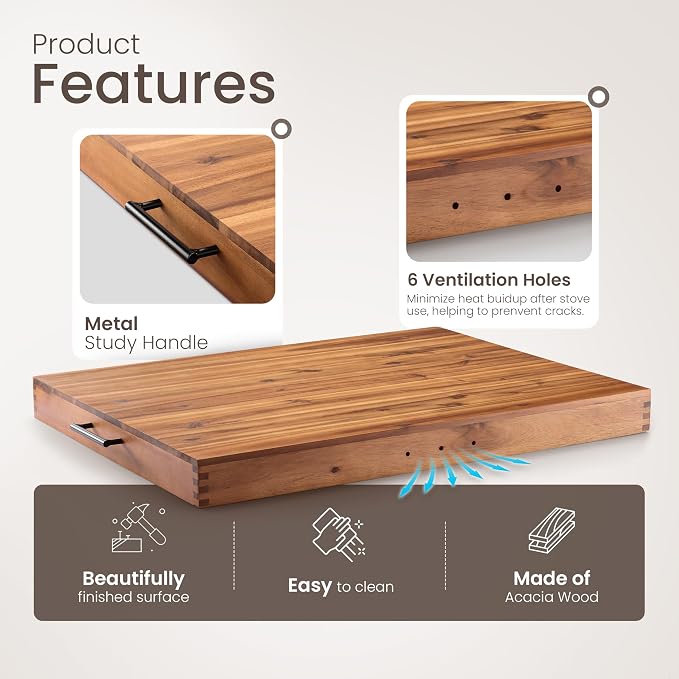 TIDITA Stove Top Covers for Electric Stove, Noodle Board, 30”x22” (Outer) | 28.9”x20.8” (Inner), Acacia Wood, Metal Handles, Non-Skid Pads, Noodles Board Stove Cover , Multi-Use, Easy Assembly