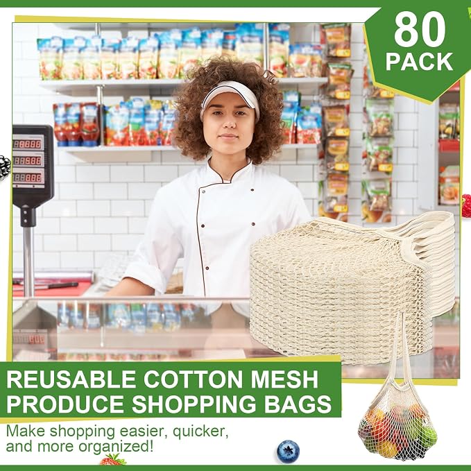 Paterr 80 Pack Cotton Mesh Produce Bags Bulk,Long Handle,Beige | Reusable Mesh Grocery Bags Bulk, Washable Net Market Tote String Shopping Bags, for Vegetable Fruit Beach Picnic Food Storage