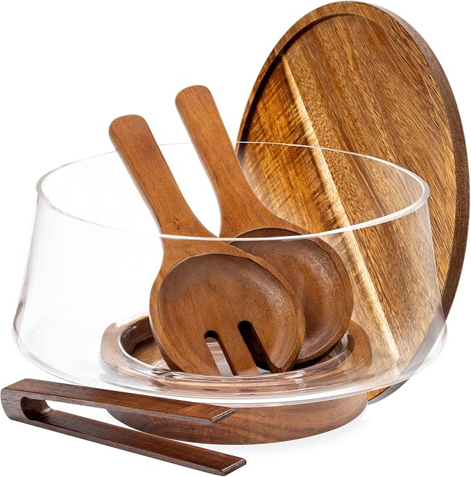 Large Glass Salad Bowl with Lid Set, 5.7 L Decorative Glass Mixing Bowl, Trifle and Serving Bowls with Lids as Cheese Charcuterie Board and Plate, Comes with Wood Serving Utensils