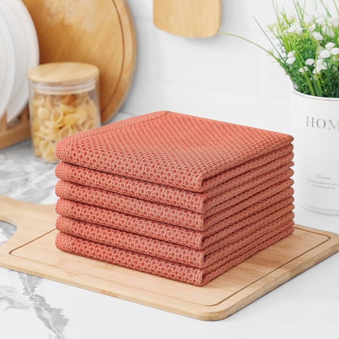 Kitinjoy 100% Cotton Waffle 6-Pack Kitchen Towels, 12" x 12", Coral | Ultra Absorbent, Super Soft, lightweight, Quick Drying Dish Rags for Washing Dishes