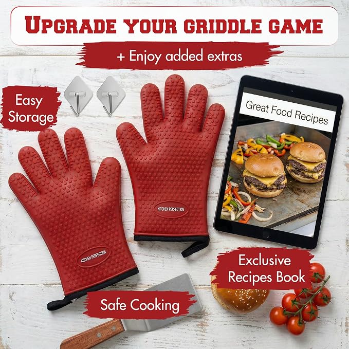 KITCHEN PERFECTION Silicone Griddle Grill Gloves Heat Resistant Oven Mitts | Waterproof, 5-Finger Design For A Better Grip, Best Griddle Grilling Accessories, Compatible with Blackstone, Weber & More