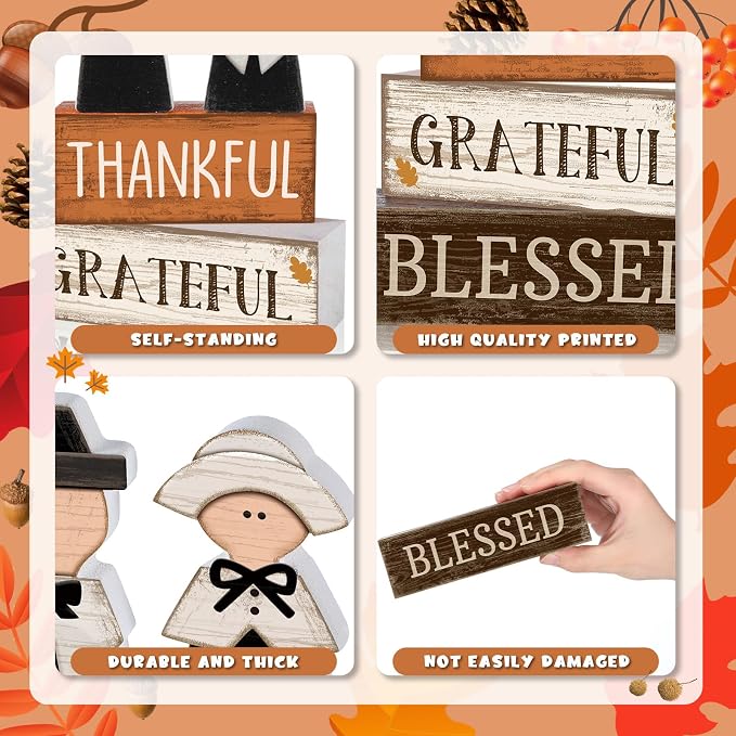 Lineshading 4 Pcs Wooden Fall Pilgrim Block Signs Tabletop Decor | Thanksgiving Home Decorations, Rustic Tiered Tray Accents, Thankful Grateful Blessed Text, Pilgrim Couple Figurines