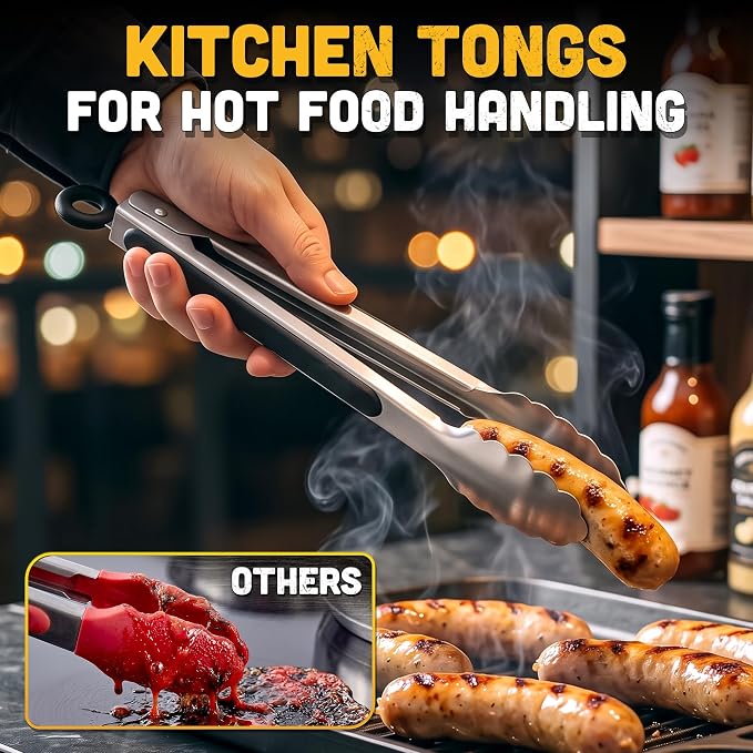 Stainless Steel Kitchen Tongs Set of 3, 7/9/12 Inch, Heavy Duty | Cooking Tongs for BBQ, Grilling, Air Fryer, Serving & Salad; Silicone Grips, Locking Ring, Hanging Loop; Metal Utensil Set