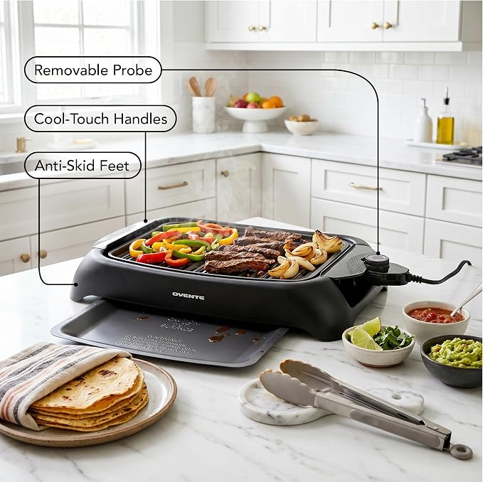 OVENTE Electric Indoor Grill, 13x10 Inch Non-Stick Plate, Black GD1632NLB | 1000W Fast Heat Up Power, Adjustable Temperature, Removable and Dishwasher Safe Grilling Plate and Drip Tray