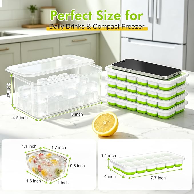 Ice Cube Tray with Lid and Bin - 4 Pack Molds Space-Saving Ice Bucket Kit | Stackable Silicone Trays for Freezer, for Whiskey, Cocktails, Coffee, Juice, Soda, Kitchen & RV