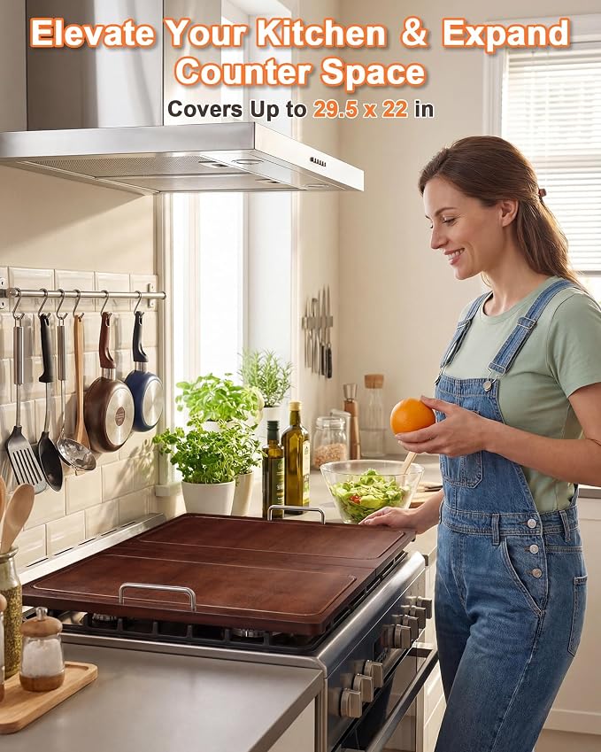 UTCG 29.5×22in Foldable Noodle Board Stove Cover for Kitchen Prep Space | Bamboo Multiple Stove Top Cover with Handles for Gas & Electric Stoves - As Sink Cover ＆ Decorative Tray