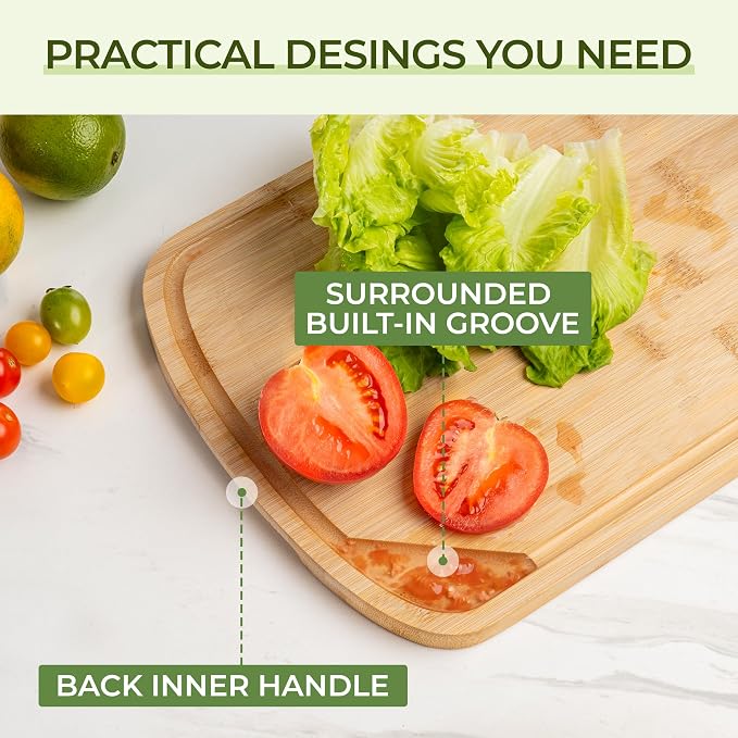 Bamboo Cutting Board For Kitchen, 24"L x 18"W x 1"H, Extra Large Butcher Block Chopping Board with Deep Juice Grooves & Back Inner Handle, Large Charcuterie Board - Natural