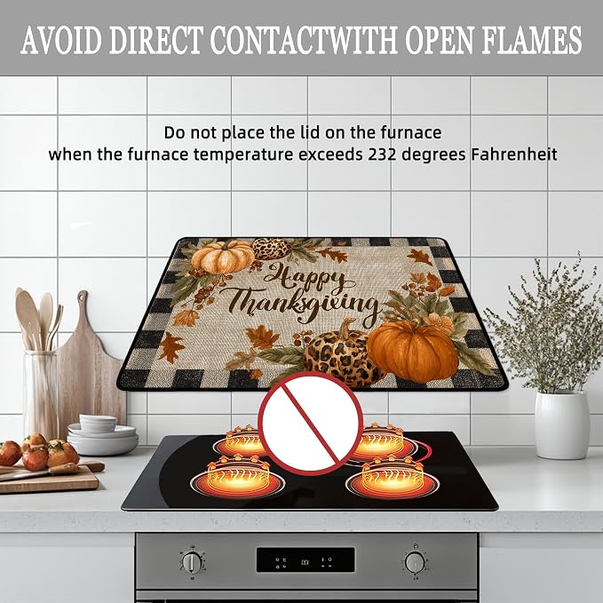 Thanksgiving Day Stove Top Cover for Electric Stove Fall Heat Resistant Glass Cooktop Cover,Check Pattern Glass Cooktop Protector,Autumn Maple Leaves Stove Top Protector