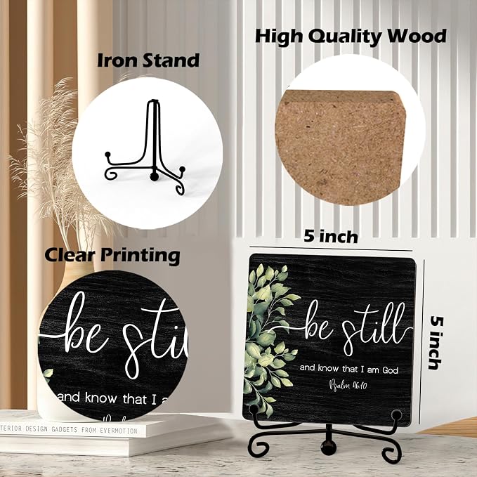 Inspirational Christian Desk Decor, Be Still And Know That I Am God Sign, Desk Decorations For Office Home Living Room Bathroom, Eucalyptus Shelf Decor, Wooden Plaque With Stand (01)