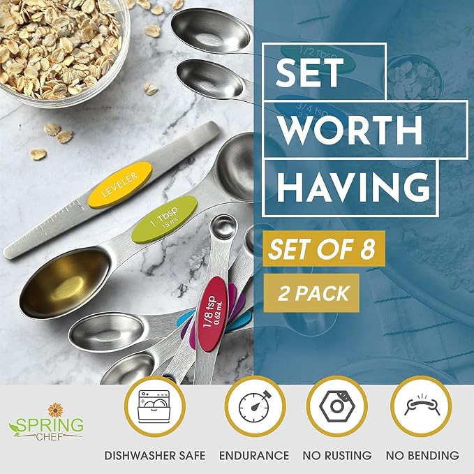 Spring Chef Stainless Steel 8 Magnetic Measuring Spoons, 2 Pack, Multicolor | Dual Sided Metal Teaspoon & Tablespoon Measuring Spoons with Leveler for Dry & Liquid Ingredients, Nesting, Dishwasher Safe