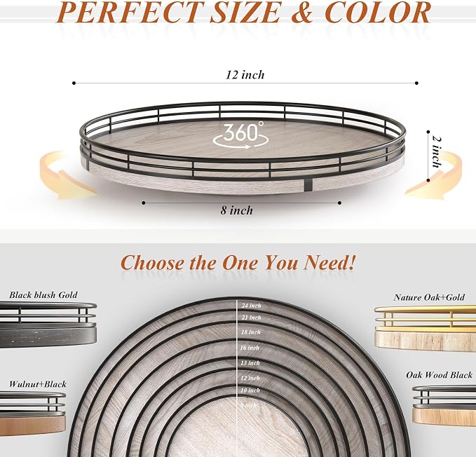 AMH 12-Inch Whitewashed Farmhouse Lazy Susan Tray with Black Metal Frame | Smooth rotating oak tray with walnut finish for dining tables, kitchen counters, pantries and cabinet storage.