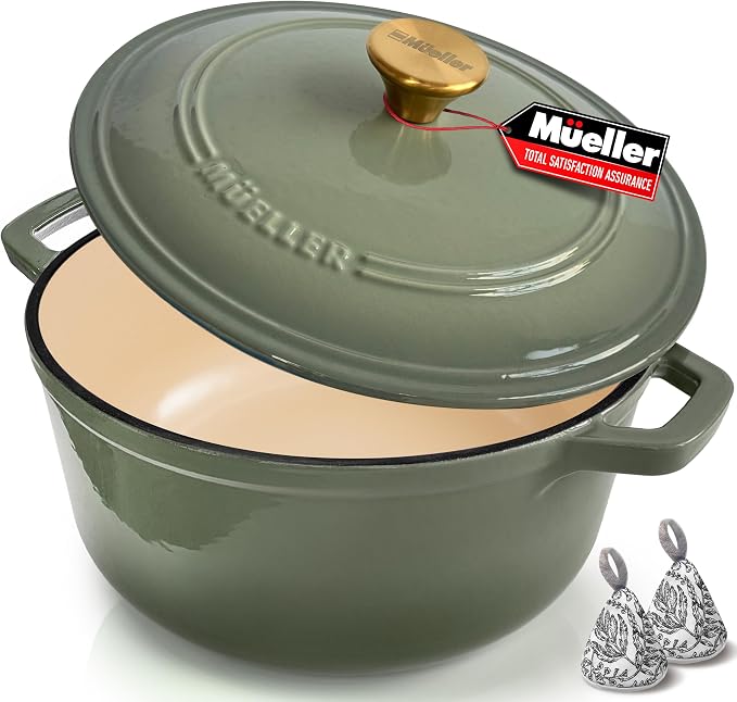 MUELLER HOME 6 Quart Enameled Cast Iron Dutch Oven, Heavy-Duty | For Sourdough Bread Baking, Oven-Safe to 500°F, Across All Cooktops, Casserole Dishes, Green Kitchen Accessories, Thyme Green