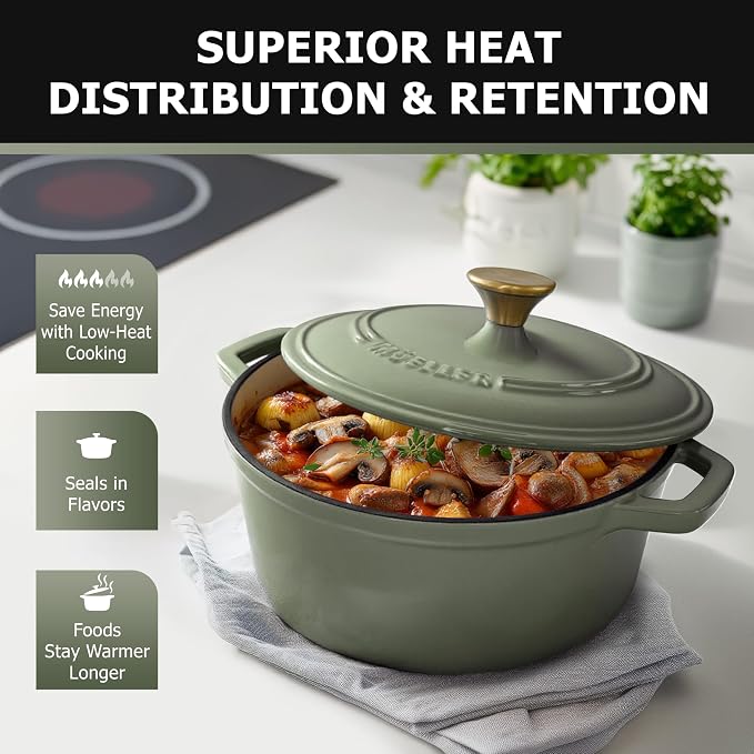 MUELLER HOME 6 Quart Enameled Cast Iron Dutch Oven, Heavy-Duty | For Sourdough Bread Baking, Oven-Safe to 500°F, Across All Cooktops, Casserole Dishes, Green Kitchen Accessories, Thyme Green