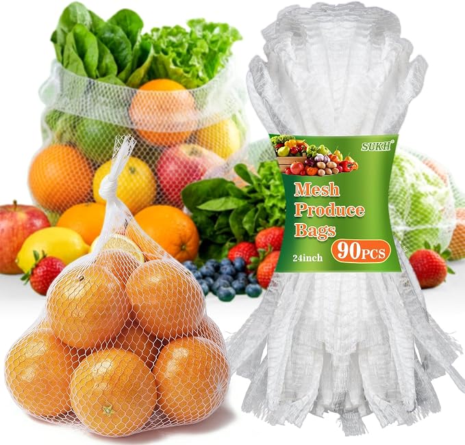 Sukh 90Pcs Mesh Produce Bags - Reusable Seafood Boil Bags 24 Inch | Seafood Mesh Bags for Clam, Crab, Crawfish, White Boiling Bag Net for Vegetables, Potatoes, Eggs, Fruit