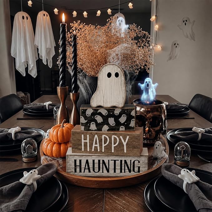 Lineshading 4 Pcs Happy Haunting Wood Blocks, Halloween Farmhouse Decor | Rustic Stacking Blocks for Tiered Tray, Wood Signs with Ghost Theme, Tabletop Display for Home Shelf, Farmhouse Style