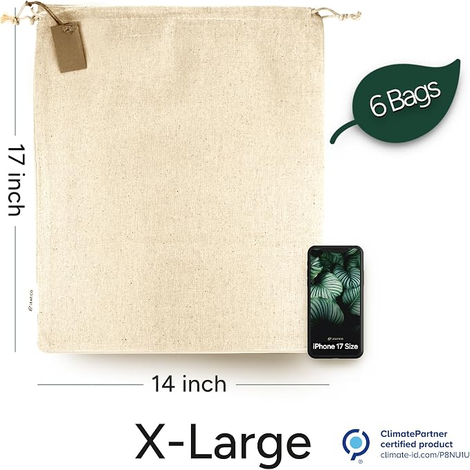 Cotton Storage Bags – X-Large 14x17 Inch (6-Pack) – Reusable Muslin Bags with Drawstrings – Biodegradable Canvas Fabric Sacks – Perfect for Bread, Bulk Produce, Potatoes, Onions, Shoes