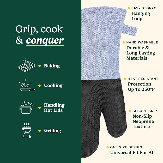 Cuisinart Chambray Kitchen Oven Mitts, Heat-Resistant, 2-Pack, 7"x13" | Non-slip neoprene palm grips up to 350°F, long cuff shields forearms, hang loop for storage, handles cast iron and grilling