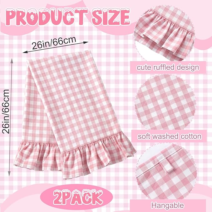 HunnmingRe 2 Pcs Light Pink Gingham Kitchen Towels Cotton Ruffled | Checked Dish Towels 18"x28" Tea Cloths Plaid Cottage Core Kitchen Decor for Farmhouse Charm Drying Dishes Entertaining Guests
