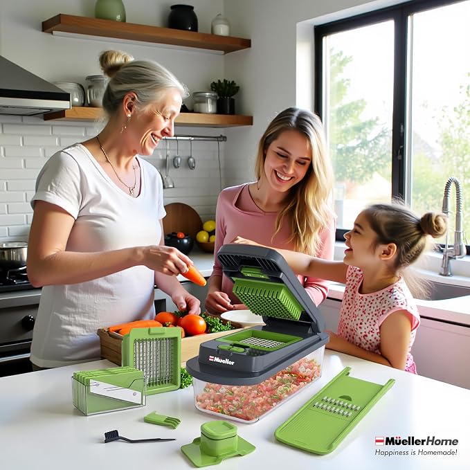 MUELLER HOME Pro-Series 10-in-1 Vegetable Chopper with Container, 8 Blade | Fruit Cutter, Dicer, Tomato Slicer, French Fry Cutter Potato Slicer, Salad Chopper, Gray/Green
