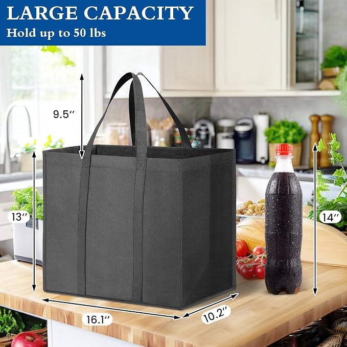 Reusable Grocery Shopping Bags 10 Pack Large Foldable Tote Bags Bulk | Eco Produce Bags with Long Handle for Shopping Groceries Clothes (Dark Grey & Black)