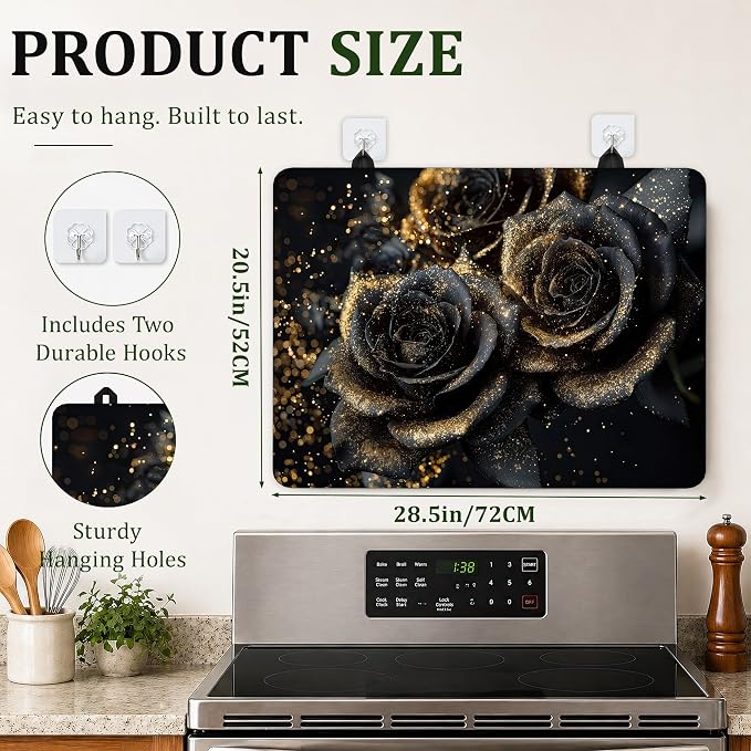 Black Gold Rose Stove Top Cover for Electric Stove 28.5"x 20.5",Heat Resistant Glass Top Stove Cover Protector,Glass Cooktop Covers, Kitchen Flat Electric Stove Top Covers