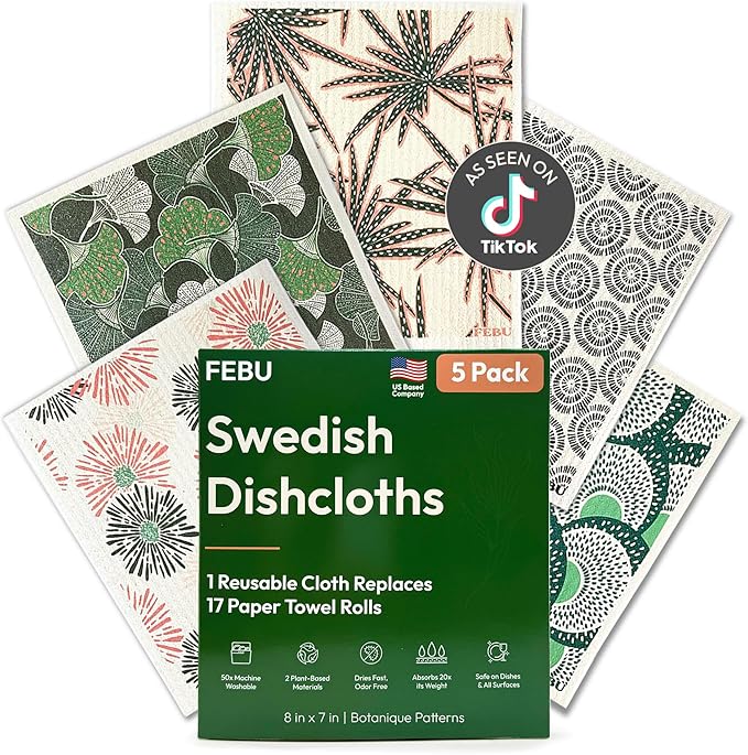 Swedish Dishcloths for Kitchen, 5 Pack, Botanique | Reusable Paper Towels Washable, Swedish Dish Towels, Non-Scratch Cellulose Sponge Cloths, No Odor