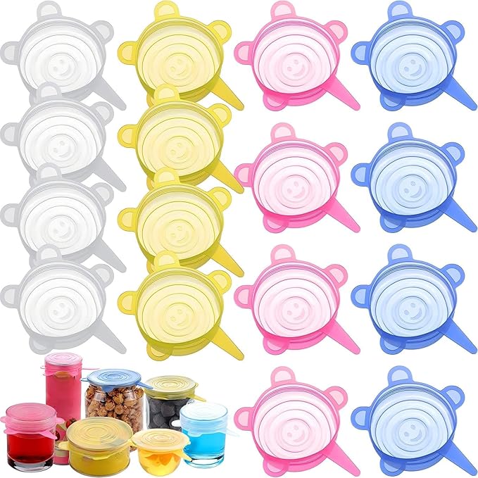 Patelai 16 Pack Silicone Jar Covers Same Size Silicone Jar Cap Stretch Lids Thicker Reusable Container Cover, Expandable Food Storage Covers Dishwasher and Freezer Safe 2.6-3.3 Inch(Multicolor)