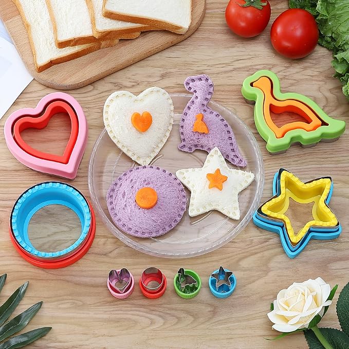 FIRETREESILVERFLOWER Sandwich Cutter and Sealer, Bread Decruster Maker, Fruit, Vegetable, Cookie Cutters for Kids Bento Box, Heart, Star, Dinosaur, Circle Shapes
