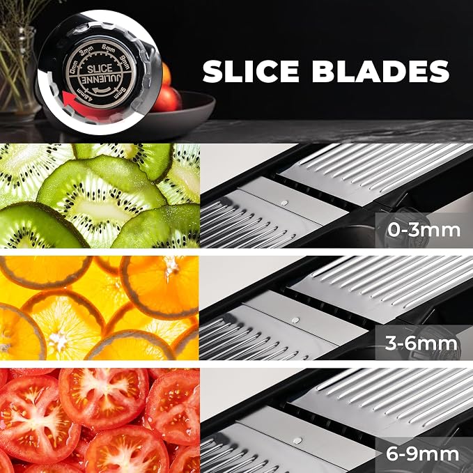 Adjustable Mandoline Slicer 5-in-1 Stainless Steel Vegetable Cutter with Ultra Sharp Blades, Julienne Slicer & Shredder for Potato, Onion