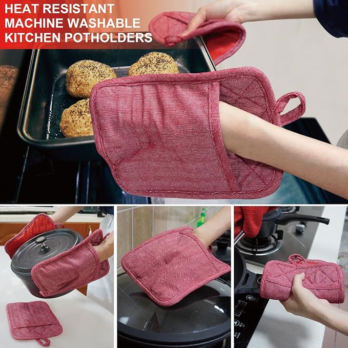 Pot Holders Yarn-Dyed Set of 3 Non Slip Silicone Kitchen Lines | Heat Resistant 500℉ Kitchen Gloves BBQ Cooking Baking Women Men Cooking Barbecue Microwave Machine Washable (Red Potholders)