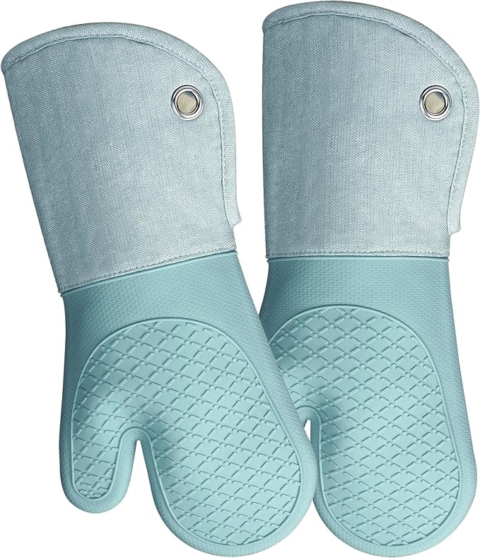 Professional Microwave Silicone Oven Mitts one Pair, Kitchen Mitten Set | Heat Resistant with 500 Degrees Oven Gloves Pot Holder for BBQ Cooking Baking (Light Blue)