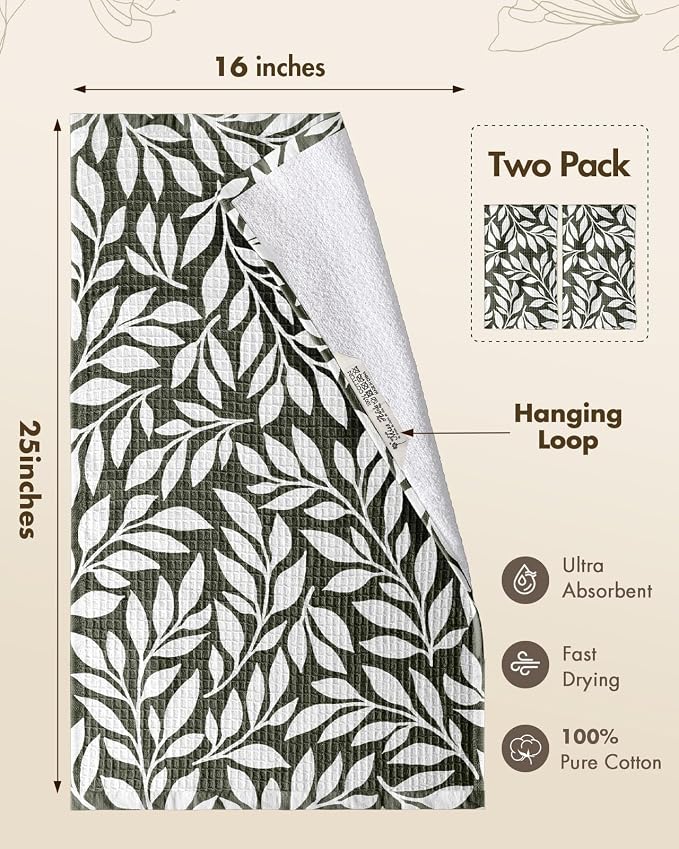 370GSM Cotton Waffle Kitchen Towels, Leaf | Pure Cotton, Sustainable, Waffle Weave, Terry Cloth, Highly Absorbent, Decorative, 16"x25", with Hanging Loop
