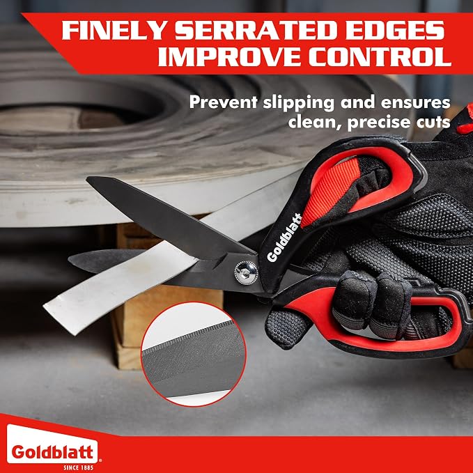 Goldblatt 10-Inch Heavy Duty Scissors, Multipurpose Shop Scissors | Curved Titanium Blades and Serrated Edge for Easy Cutting of Aluminum Sheets, Pruning, Rope and Leather