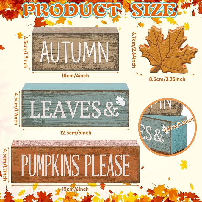 Lineshading 4 Pcs Fall Decorations For Home Wooden Maple Leaf Thanksgiving | Rustic Fall Table Centerpiece with Maple Leaf, Stacked Leaves Pumpkins Signs, Seasonal Harvest Theme, Sunflower Accents