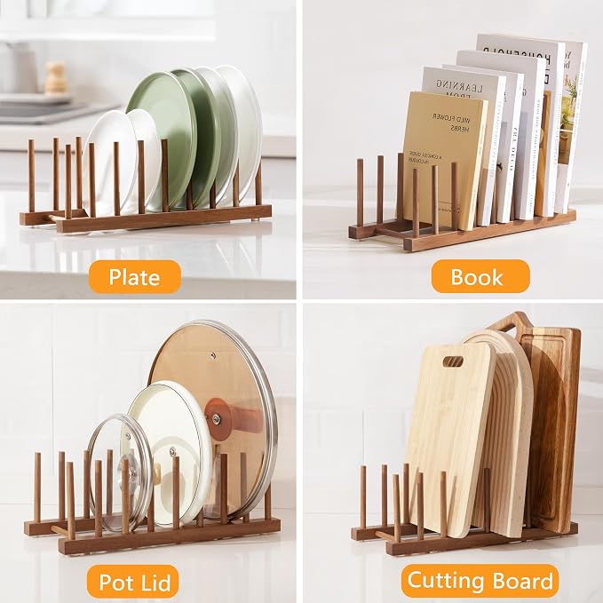 HBlife Acacia Wooden Dish Dying Rack Pot Lid Plate Organizer Holder for Cabinet, Cutting Board Stand Drainer Storage Plate Rack for Dish, Pot Lid, Bowl, Cup, Cutting Board and Books