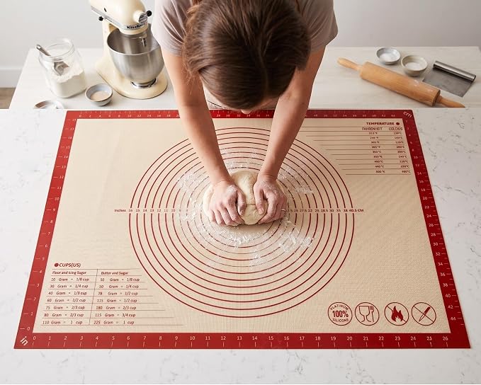 Silicone Pastry Mat with Measurements, 28 x 20 Inch Extra Thick Non-Slip Nonstick XL Baking Mat for Dough Rolling, Kneading, Fondant and Pie, Red