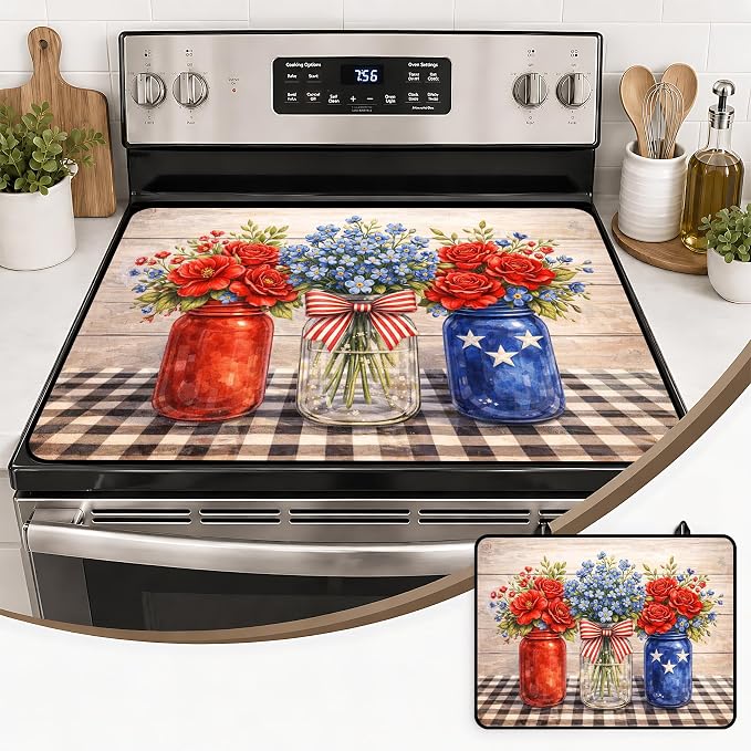 Patriotic Electric Stove Top Cover | Heat Resistant Glass Cooktop Protector for Kitchen Ceramic Countertops, Multiuse Stove Cover and Dish Drying Mat