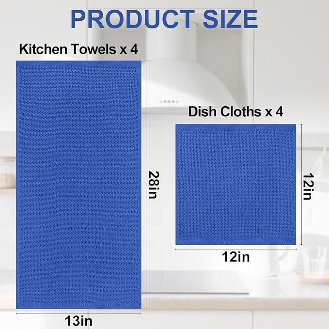 Homaxy 8 Pack 100% Cotton Kitchen Towels and Dishcloths Set, Blueberry | 12 x 12 Inches and 13 x 28 Inches Kitchen Towels Set, Ultra Soft Absorbent Dish Cloths for Washing Dishes
