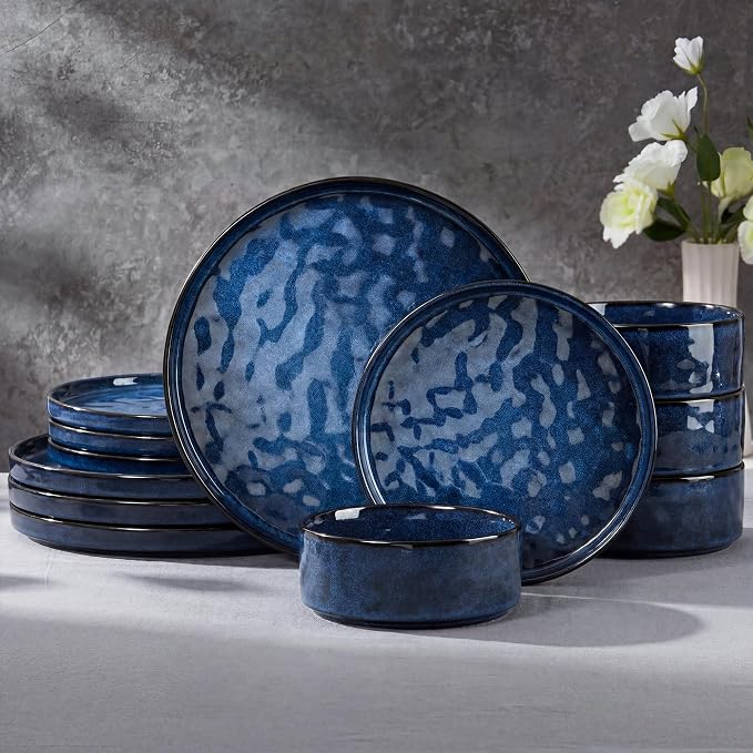 E-far Stoneware Dinnerware Set, 12-Piece Plates and Bowls Sets for 4 | Modern Dishes for Kitchen Dining, Reactive Glazing & Ripple Design, Chip Resistant, Microwave & Dishwasher Safe, Starry Blue