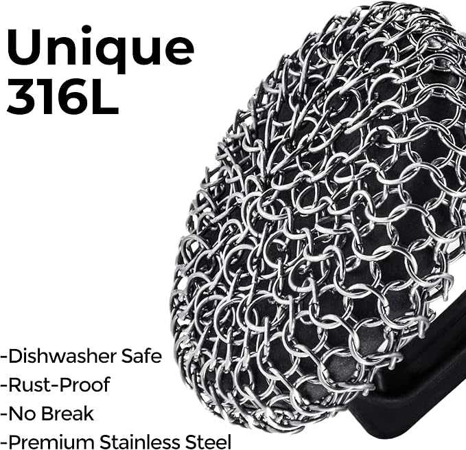 Amagabeli Cast Iron Cleaner with Handle Stainless Steel Chainmail Pan Scrubber for Cast Iron Skillet Cleaner Chain Mail Scrubber Brush Pan Pot Wok Griddles BBQ Grills