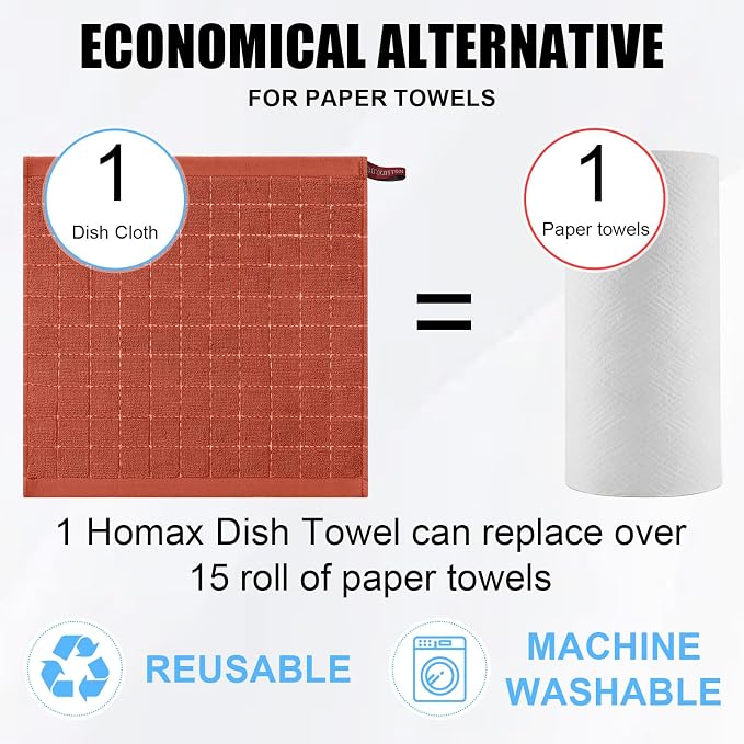 Homaxy 100% Cotton Terry Kitchen Dish Cloths, 6 Pack, Rust | Ultra Soft and Absorbent, Suitable for Drying and Washing Dishes
