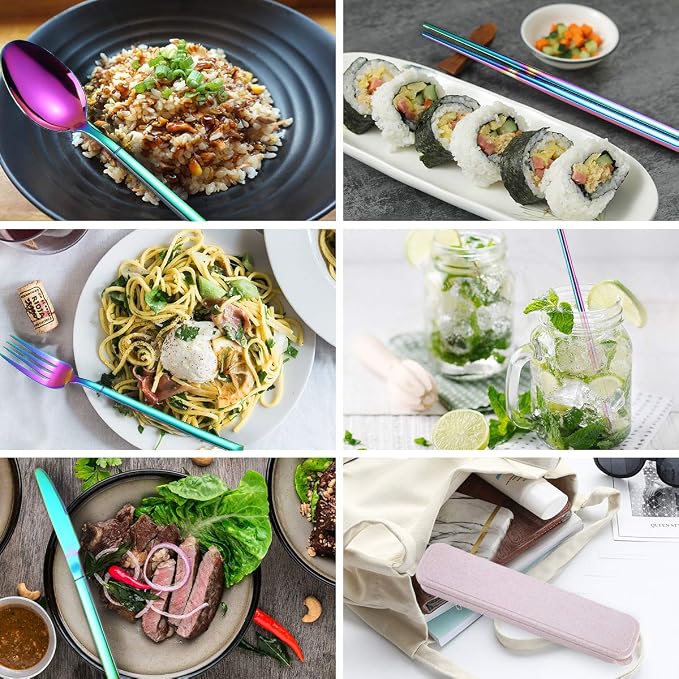 AARAINBOW 7 Pieces Stainless Steel Flatware Set Portable Reusable Cutlery Set Travel Utensils Set Including Chopsticks Knife Fork Spoon Straws Cleaning Brush Dishwasher Safe (Multicolored)