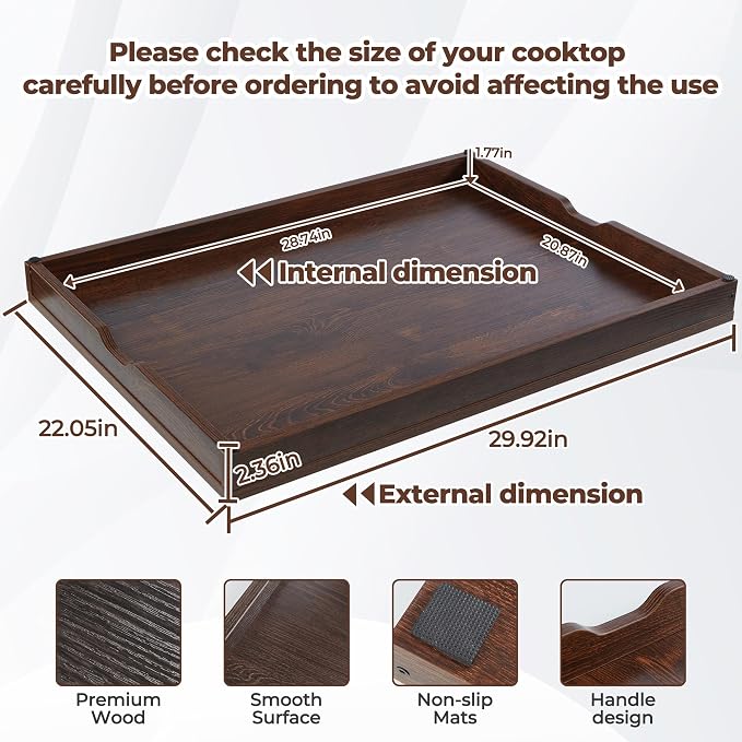 WOLKI 30" Noodle Board Stove Top Cover For Gas & Electric Stoves, Walnut | Heavy-Duty Wooden Stove Cover (30"L x 22"W x 2.4"Th) With Handles For RV Stoves, Serving Tray & Space Saver